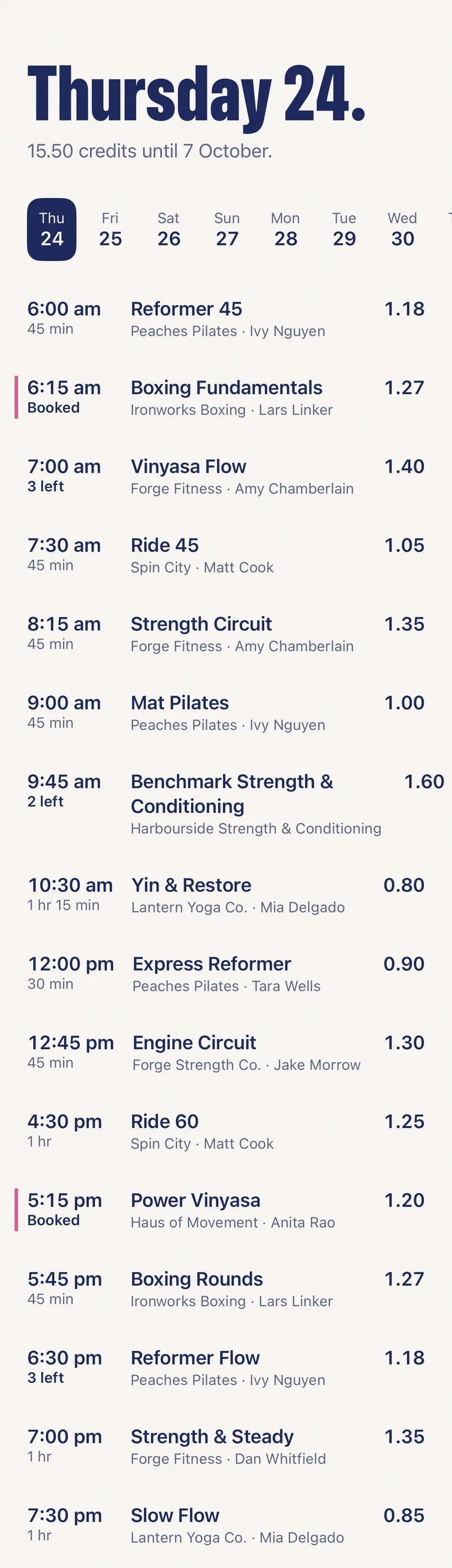 The Moose member app's Browse floor: one day of classes at the partner studios near you, each with its time, studio, instructor and credit cost, and a pink mark beside the ones already booked.